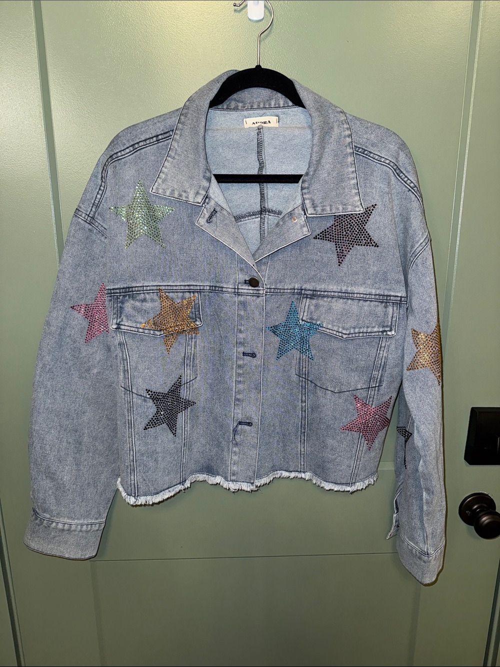 NWT ADORA  Light Wash Denim Jacket with Multicolor Star Studs